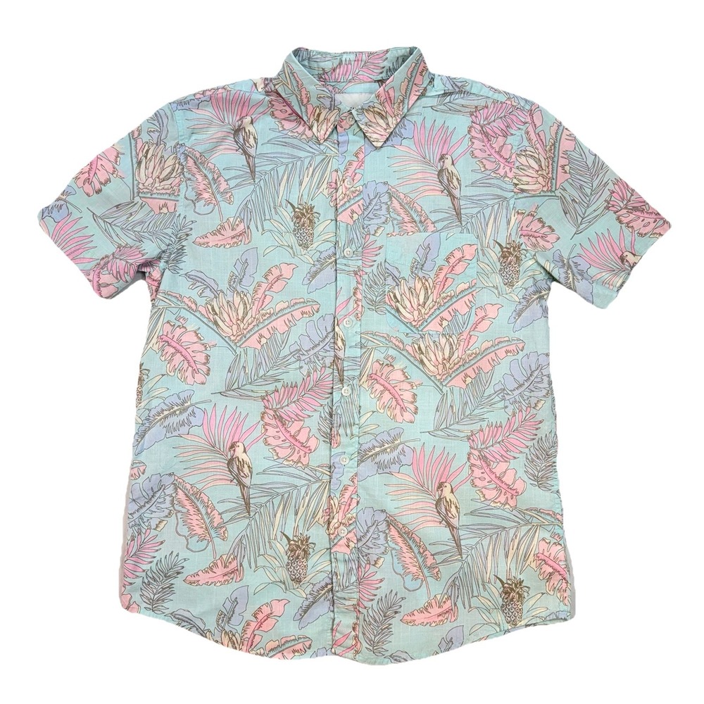 American Eagle Tropical Short Sleeve Button Up Shirt Men's M Blue Floral Aloha